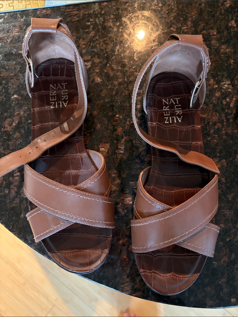 Naturalizer Brown Leather Crisscross Ankle Strap Sandals